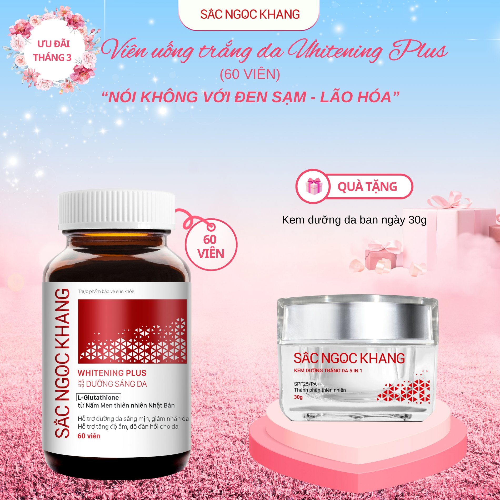 Viên uống TRẮNG DA Whitening Plus TẶNG Kem Ngày 30g