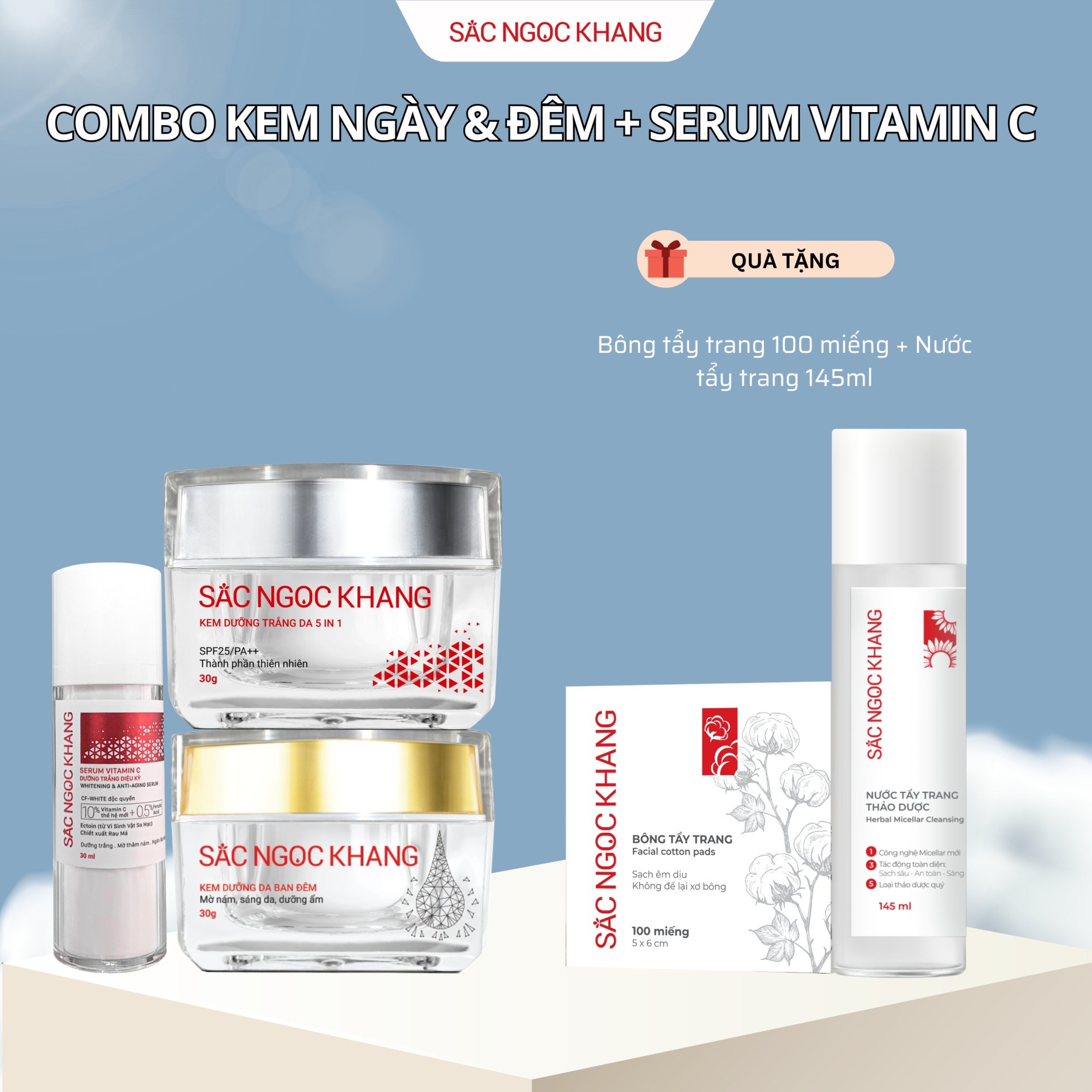 Combo Dưỡng Da Trắng sáng rạng rỡ (Kem Ngày + Kem Đêm + Serum 30ml) TẶNG quà