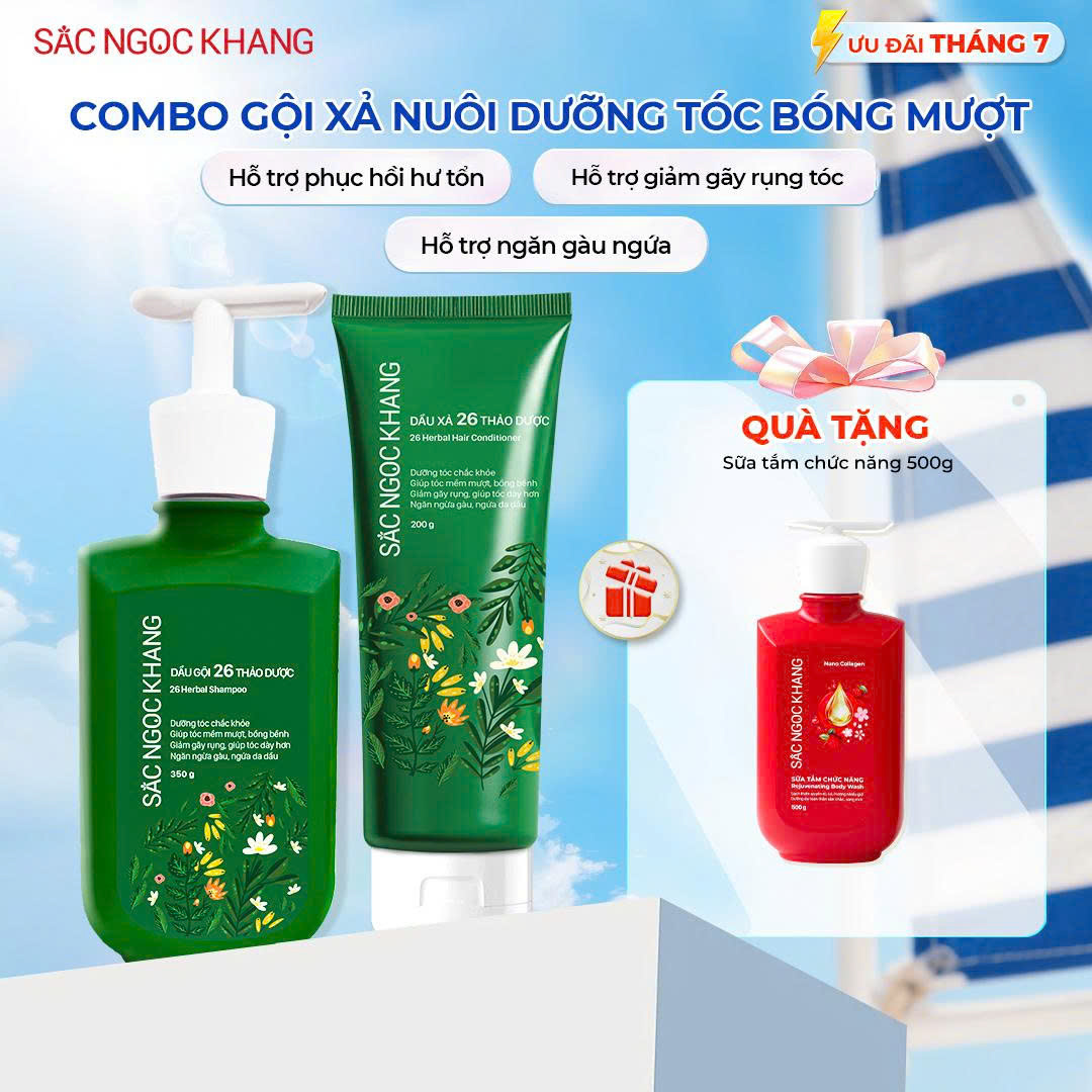 COMBO Dầu Gội 26 Thảo Dược [350g] + Dầu Xả 26 Thảo Dược [200g] TẶNG Sữa tắm Nano Collagen [500g]