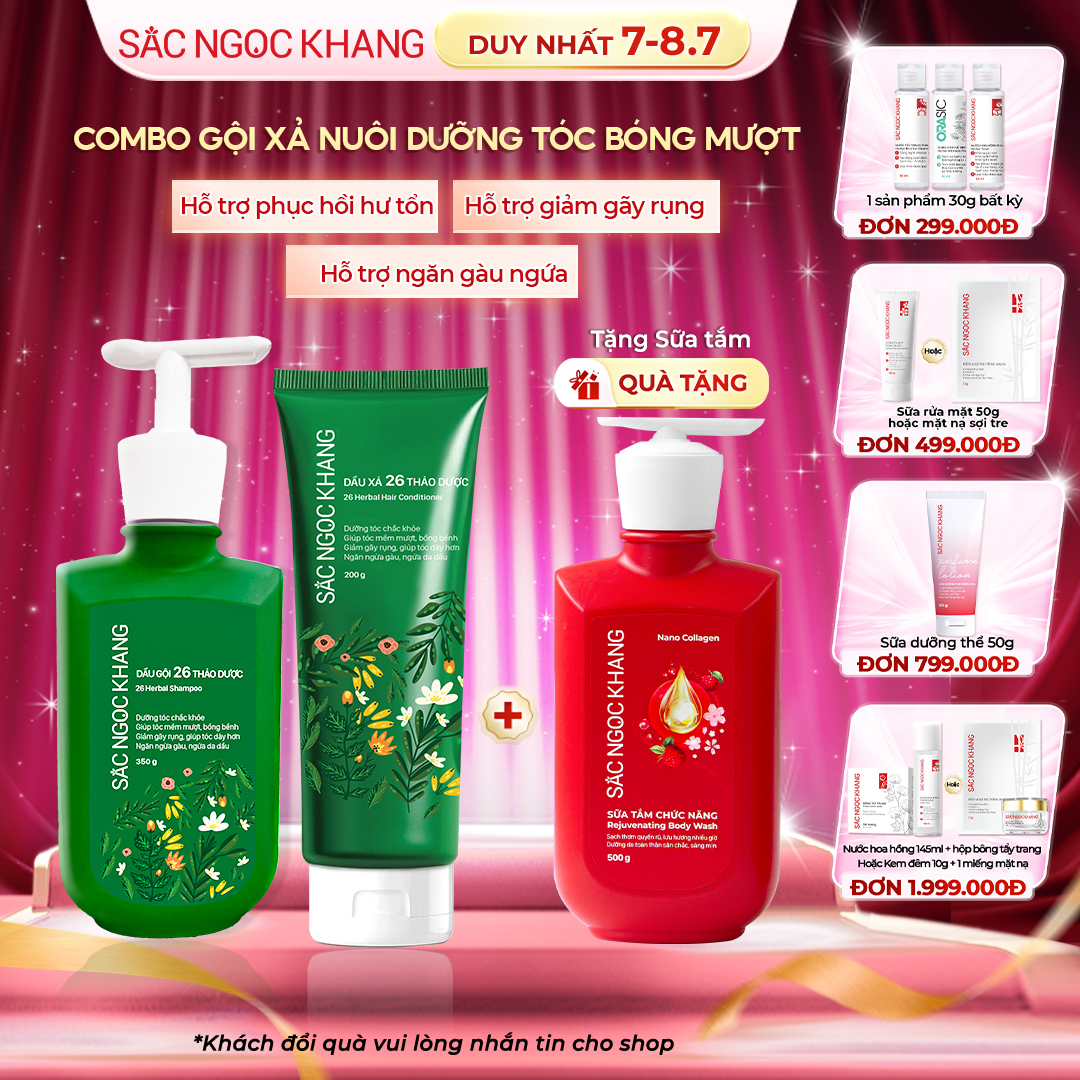 COMBO Dầu Gội 26 Thảo Dược [350g] + Dầu Xả 26 Thảo Dược [200g] TẶNG Sữa tắm Nano Collagen [500g]