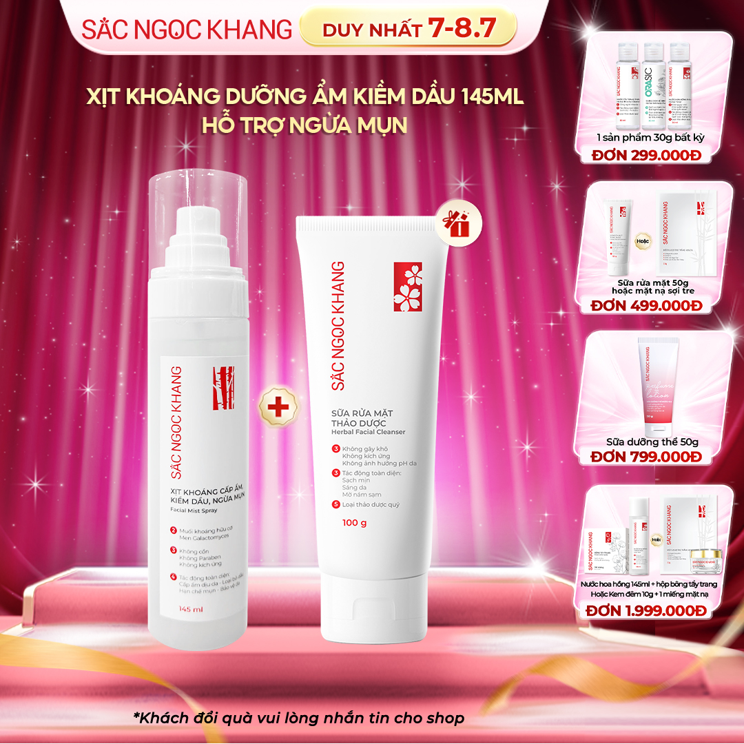 Xịt Khoáng Cấp Ẩm, Kiềm Dầu, Ngừa Mụn [Chai 145ml] TẶNG Sữa Rửa Mặt Thảo Dược 100g