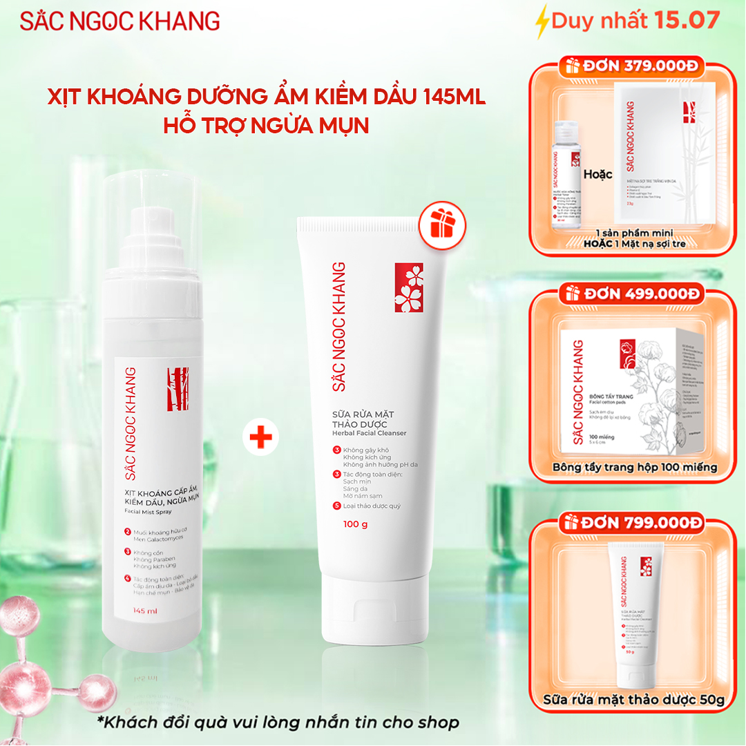 Xịt Khoáng Cấp Ẩm, Kiềm Dầu, Ngừa Mụn [Chai 145ml] TẶNG Sữa Rửa Mặt Thảo Dược 100g