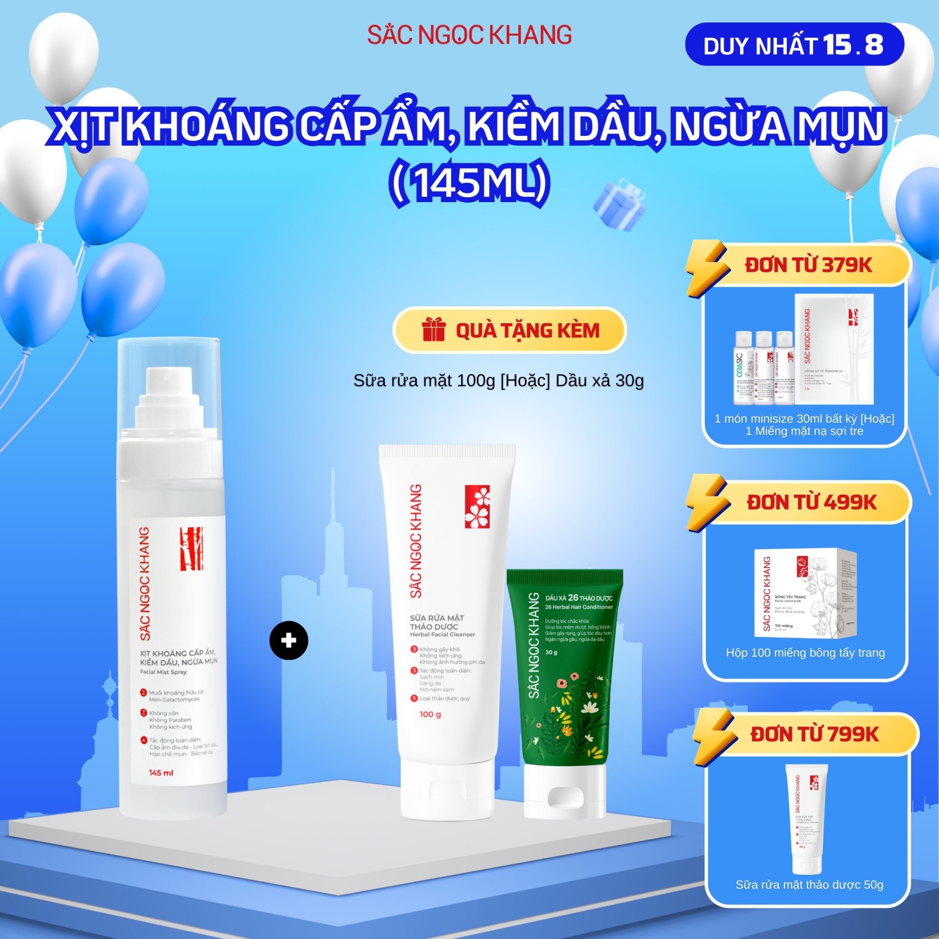 Xịt Khoáng Cấp Ẩm, Kiềm Dầu, Ngừa Mụn [Chai 145ml] TẶNG Sữa Rửa Mặt Thảo Dược 100g