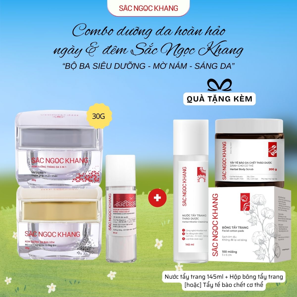 Combo Dưỡng Da Trắng sáng rạng rỡ [Bộ kem Ngày Đêm + Serum C] TẶNG 1 Trong 2 Quà