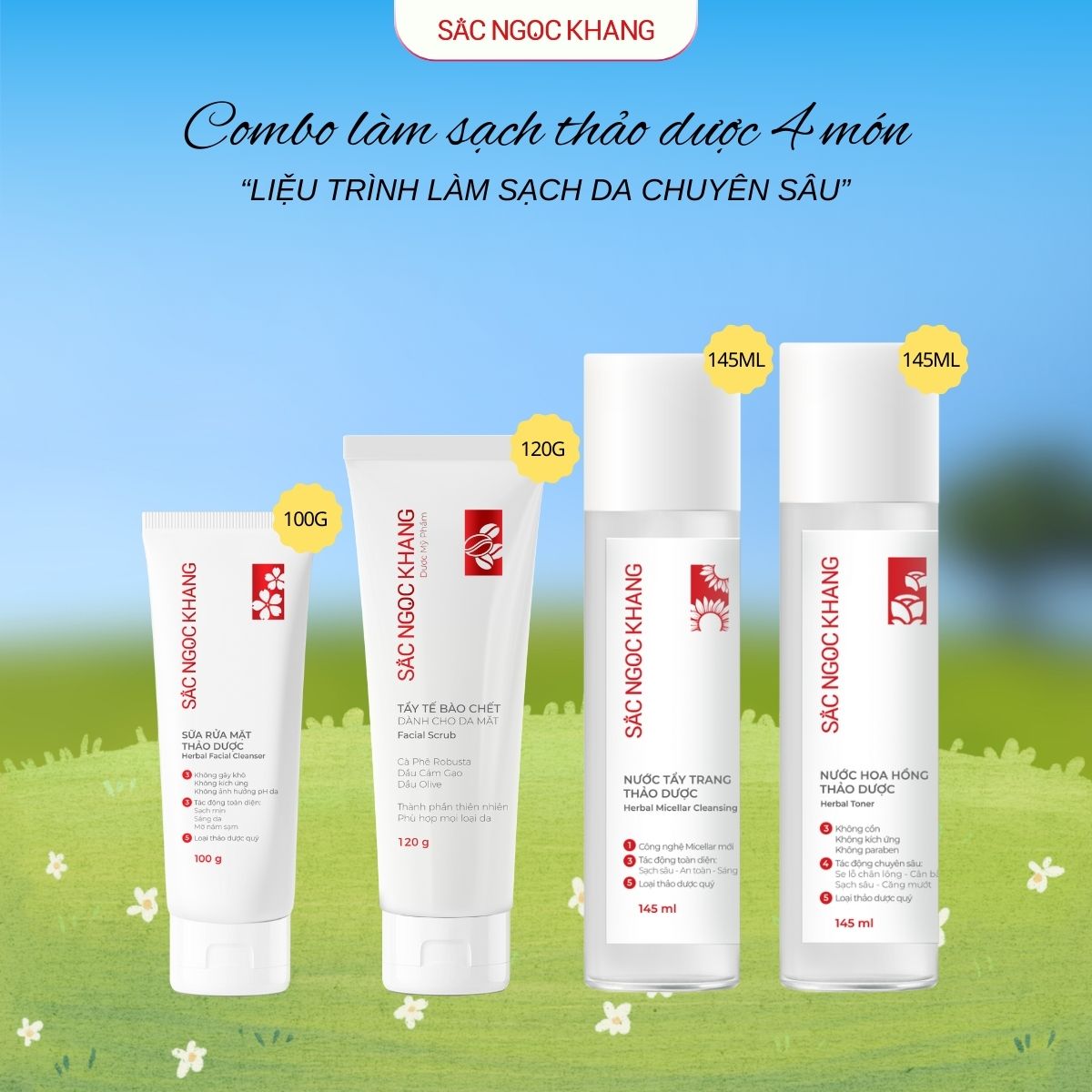 Combo làm sạch 4 món  [Tẩy trang 145ML + Hoa hồng 145ML + SRM 100g + TTBC 120g] 