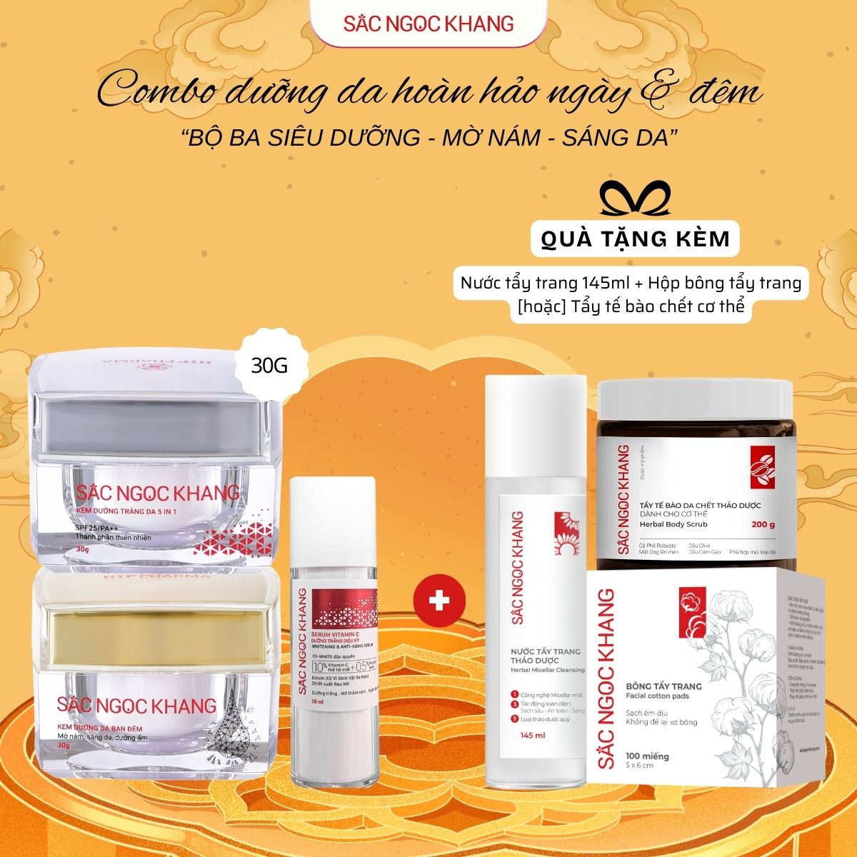Combo Dưỡng Da Trắng sáng rạng rỡ [Bộ kem Ngày Đêm + Serum C] TẶNG 1 Trong 2 Quà