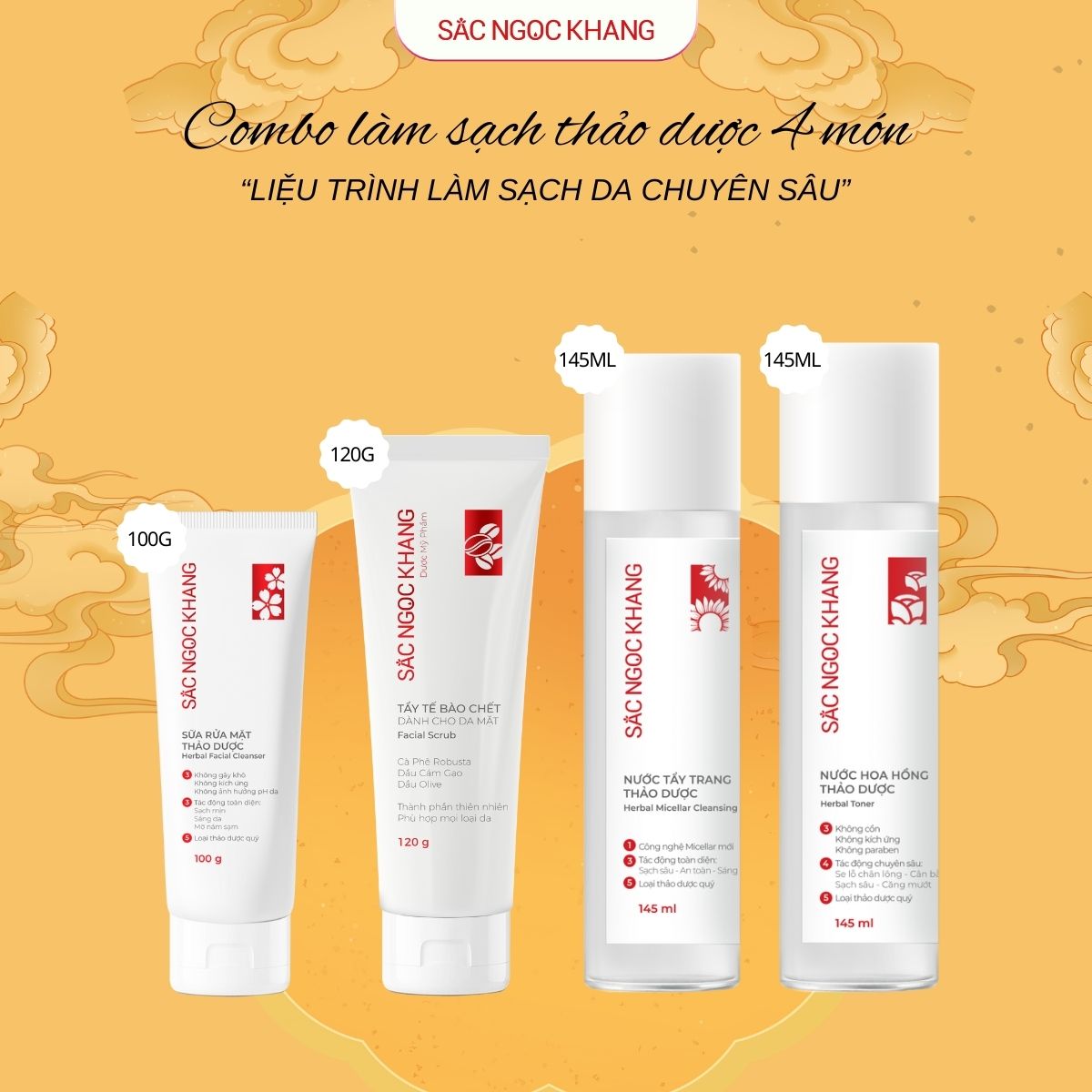Combo làm sạch 4 món  [Tẩy trang 145ML + Hoa hồng 145ML + SRM 100g + TTBC 120g] 