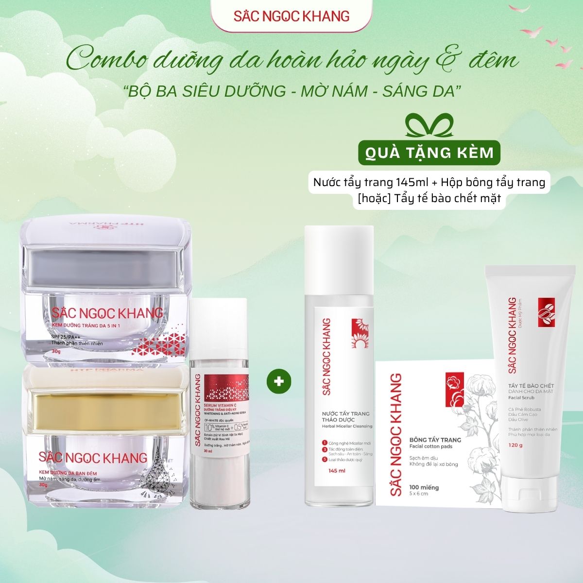 Combo Dưỡng Da Trắng sáng rạng rỡ [Bộ kem Ngày Đêm + Serum C] TẶNG 1 Trong 2 Quà