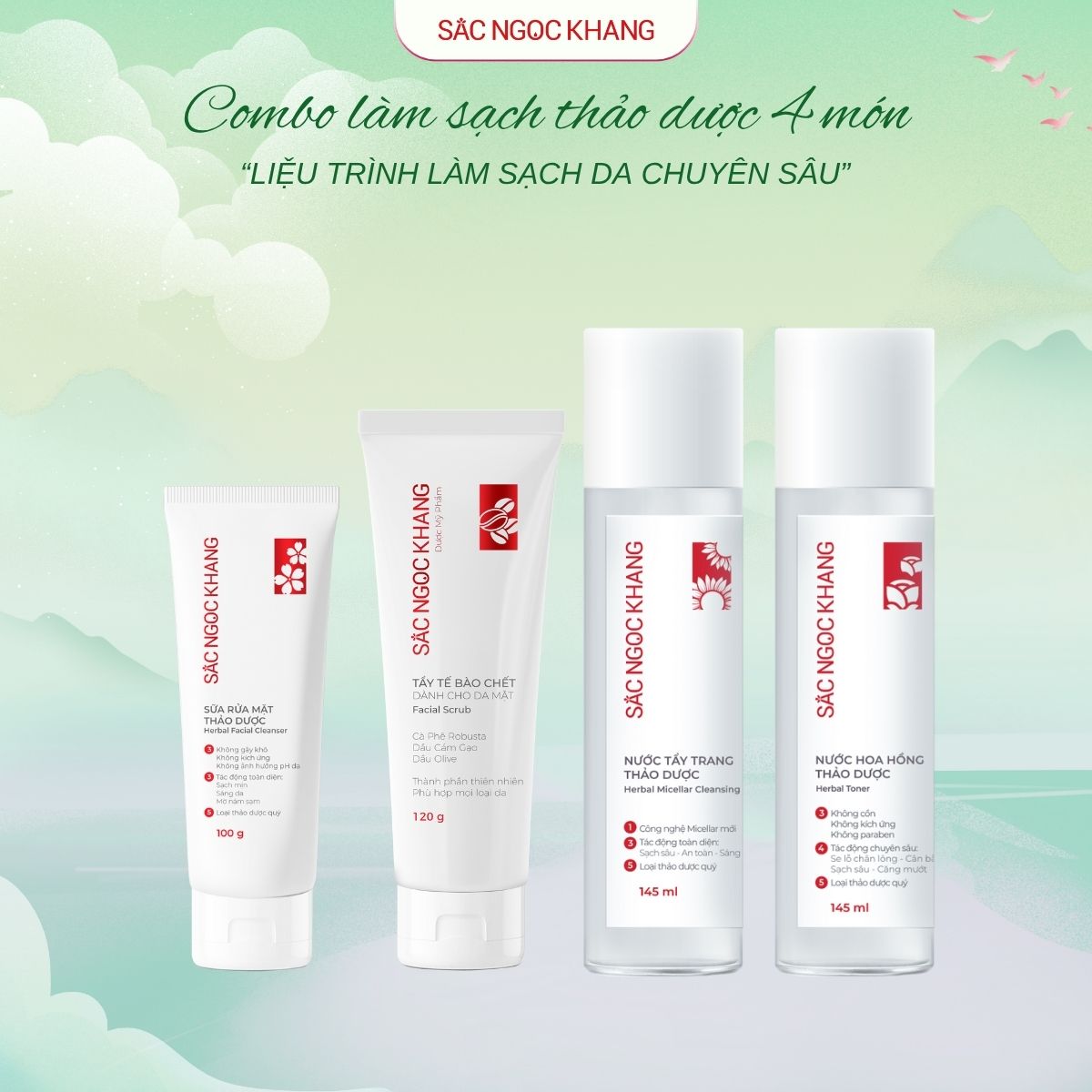 Combo làm sạch 4 món  [Tẩy trang 145ML + Hoa hồng 145ML + SRM 100g + TTBC 120g] 